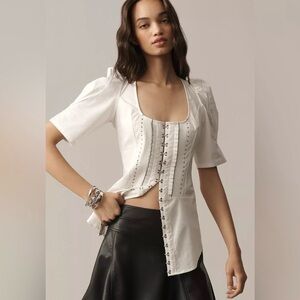 Anthropologie White Hook-Front Corset Button-Down Top
